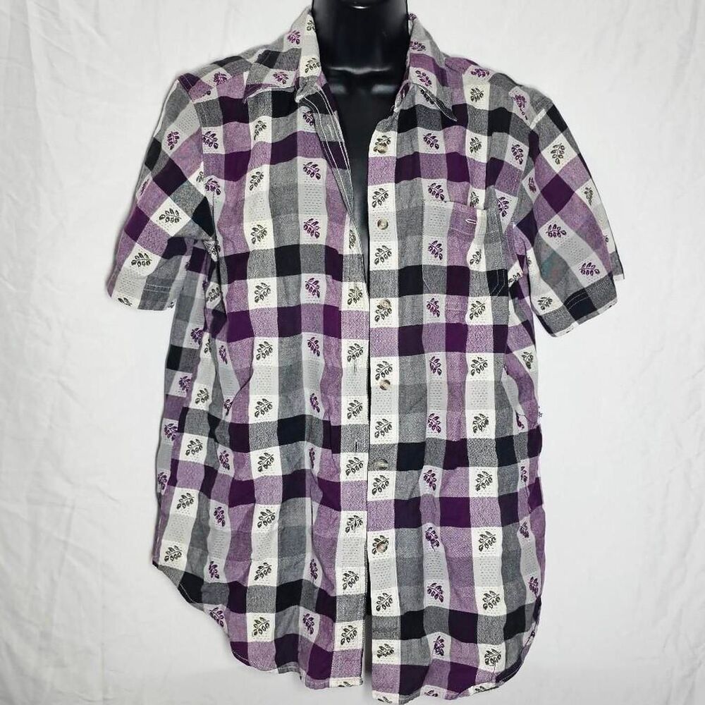 retro vtg 90s purple plaid floral cottagecore short sleeve button down